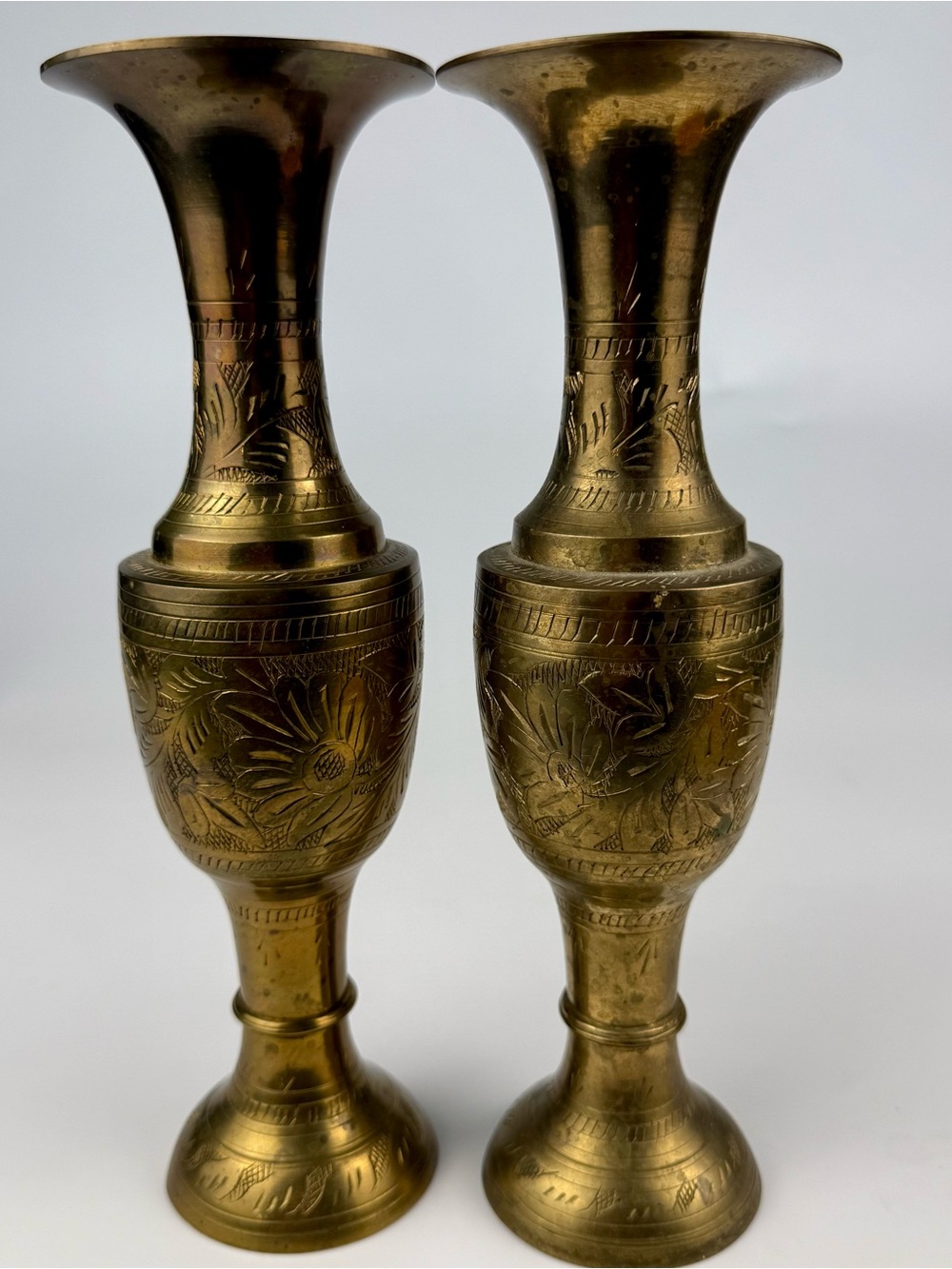 Vtg MCM Solid Brass India Bud Vases Etched Floral Engraved Design 10 Inches